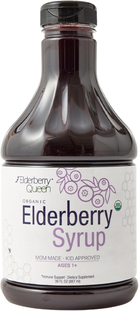 Elderberry Queen Organic Elderberry Syrup 30 Fl Oz - Immune Support Formula with Sambucus Black Elderberry & Aronia ברי - Pure Natural Certified אורגני Elderberry Syrup לילדים ומבוגרים