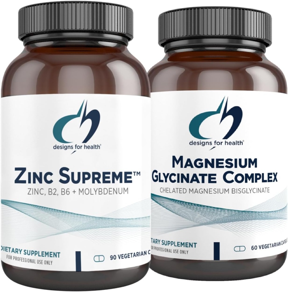 עיצובים לבריאות Magnesium Glycinate Complex (60 קפסולות) & Zinc העליון (90 קפסולות) - מגנזיום גבוה עם Zinc Bisglycinate Chelate עם Cofactors for Immune Support