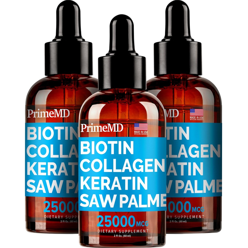 PrimeMD 4in-1 נוזל biotin Collagen Keratin Saw Palmetto טיפות (3 Pack) Bundle - 25000mcg Hair Nails ו- Skin ויטמינים לנשים & גברים - 2 Fl Oz כל אחד, Watermelon Flavor, Gluten-Free, non-GMO