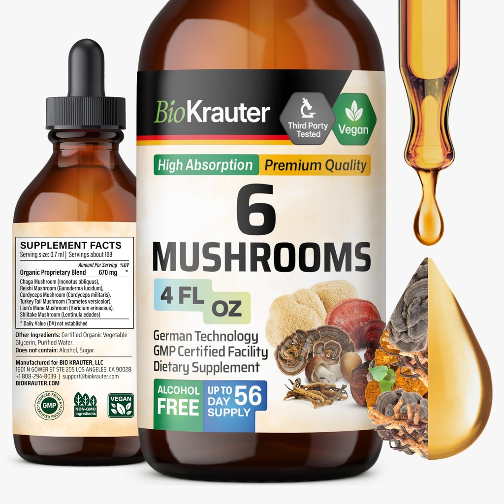 BIO KRAUTER 6 Mushrooms תוספת 6-in-1 - Lions Mane, Shiitake,Turkey Tail, Cordyceps, Reishi & Chaga נוזל לחלץ - Mushroom Complex Tincture - טבעוני טיפות 4 Fl.Oz.