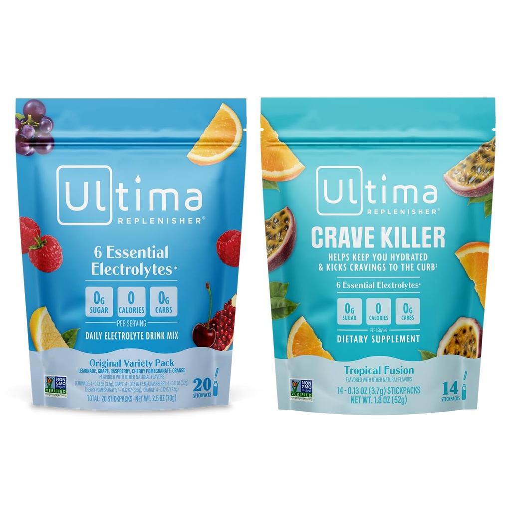 Ultima Replenisher Electrolyte אבקת לשתות Mix Bundle - סוכר חינם - Variety, Crave Killer - 20 Stickpacks, 14 Stickpacks - 6 אלקטרוליטים ומינרלים - Keto Friendly, טבעוני, non-GMO