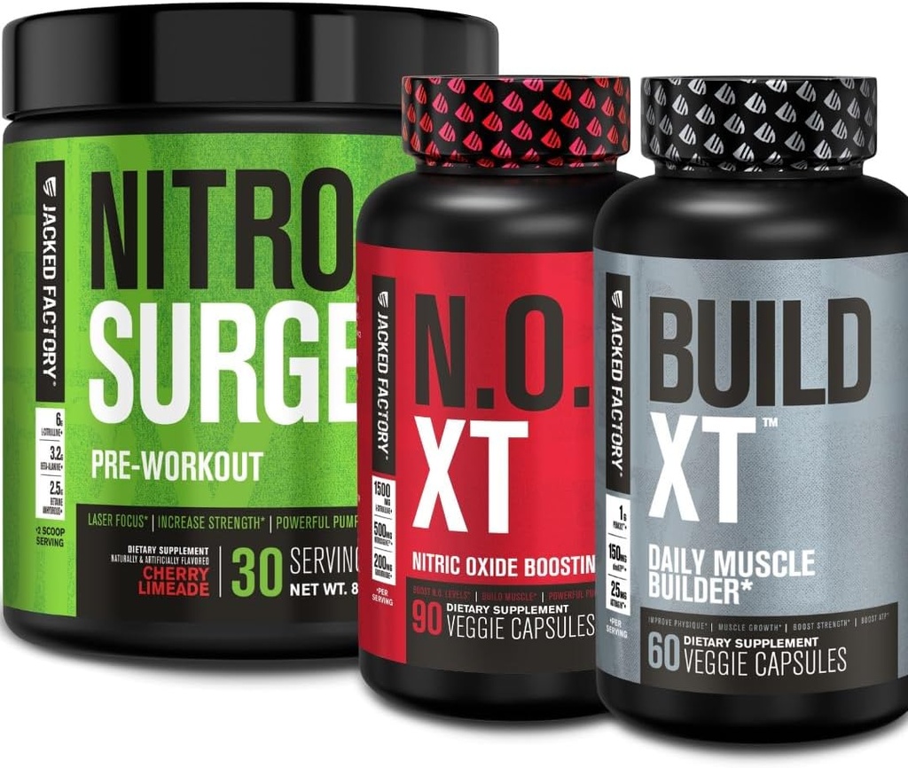 מפעל ג'ק Nitrosurge Pre Workout, N.O. XT Nitric Oxide תוסף & Build-XT Daily שריר בונה Bundle