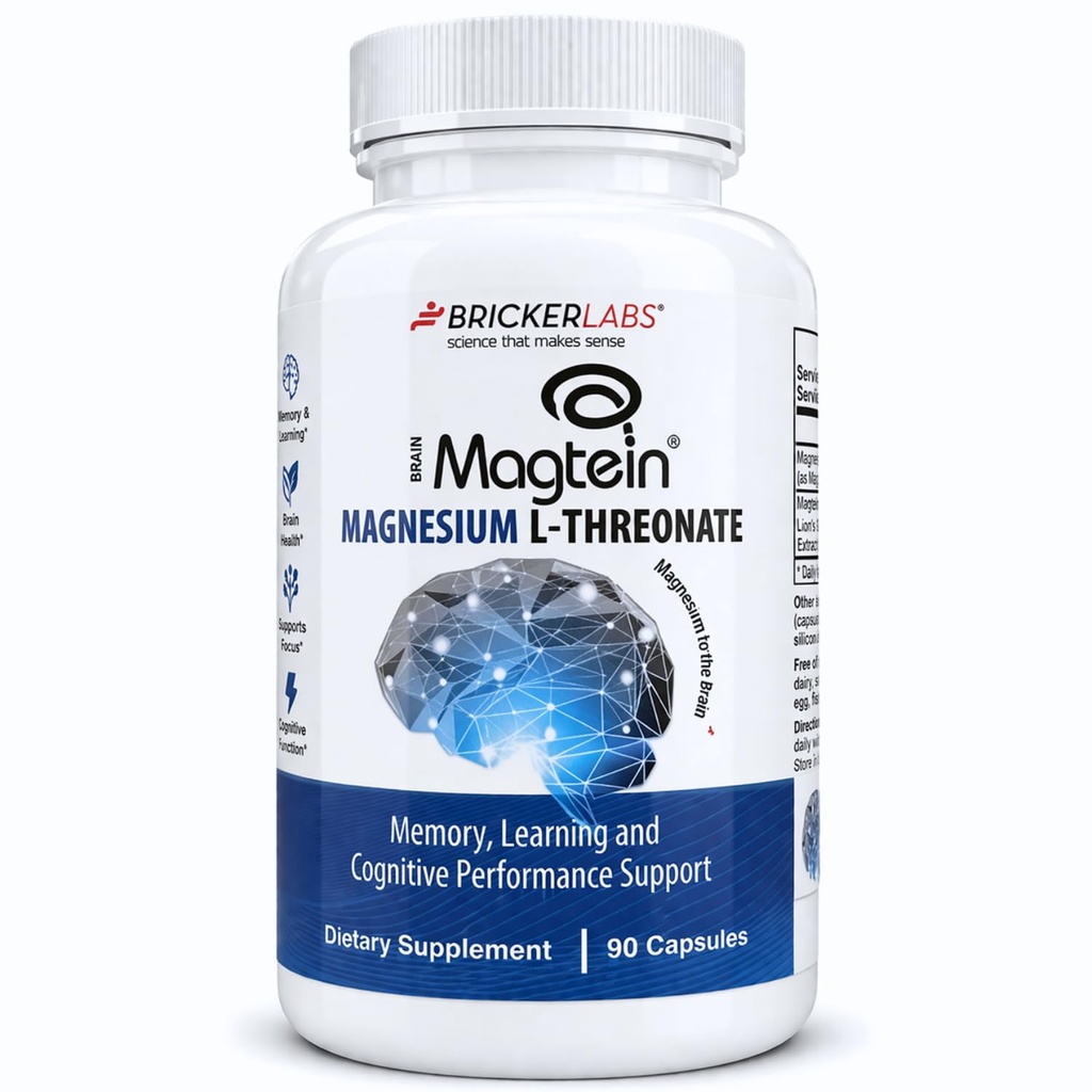 Bricker Labs Magtein® Magnesium L-Threonate תוסף - Brain Health, Memory, Focus, Learning & Cognitive Function Support - 90 קפסולות, 30 משרתות