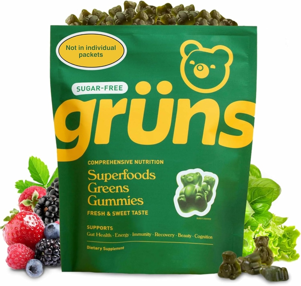 Garns Adult Sugar-Free Super Greens Gummies - Superfood Gummy Bears with Spirulina, Chlorella, סיבים & Prebiotics לבריאות העיכול, תוסף הסתגלות עם 20 ויטמינים ומינרלים, 2 שבוע אספקה