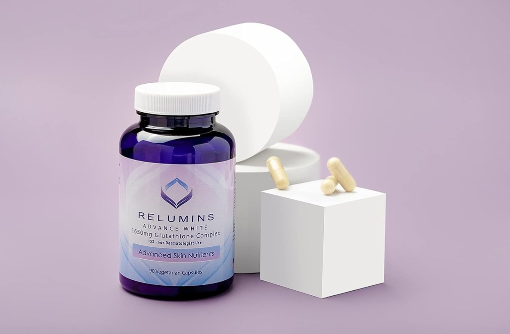 חבילה של 2 Relumins Advance White 1650 מ"ג Glutathione Complex - 15x Dermatologic Formula with Advanced Skin Foodsents- 2 Bottles, 90 קפסולות כל אחד, 180 Total כמוסות