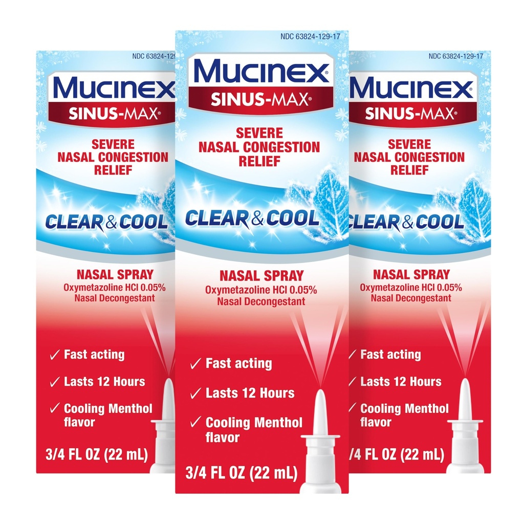 Mucinex Sinus-Max Nasal Spray Decongestant, 12 Hour Over-The-Counter תרופות Nose Spray for Sinus Relief, Nasal Decongestants for Adults, Cooling Menthol, 0.75 Fl Oz (Pack of 3)