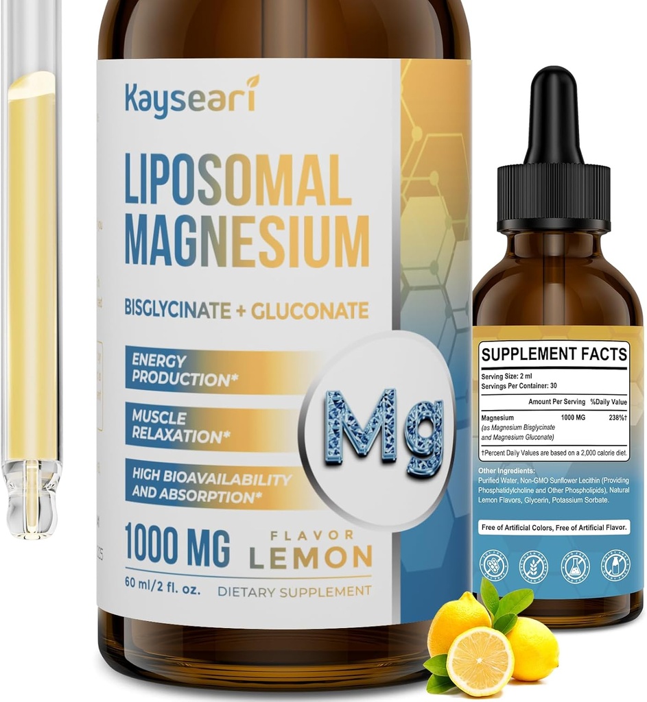 High Power Liposomal Magnesium Drops, בקלות Absorbed Chelated Forms of Magnesium Bisglycinate ו Magnesium Gluconate, 60ML Lemon Flavored נוזל טיפות