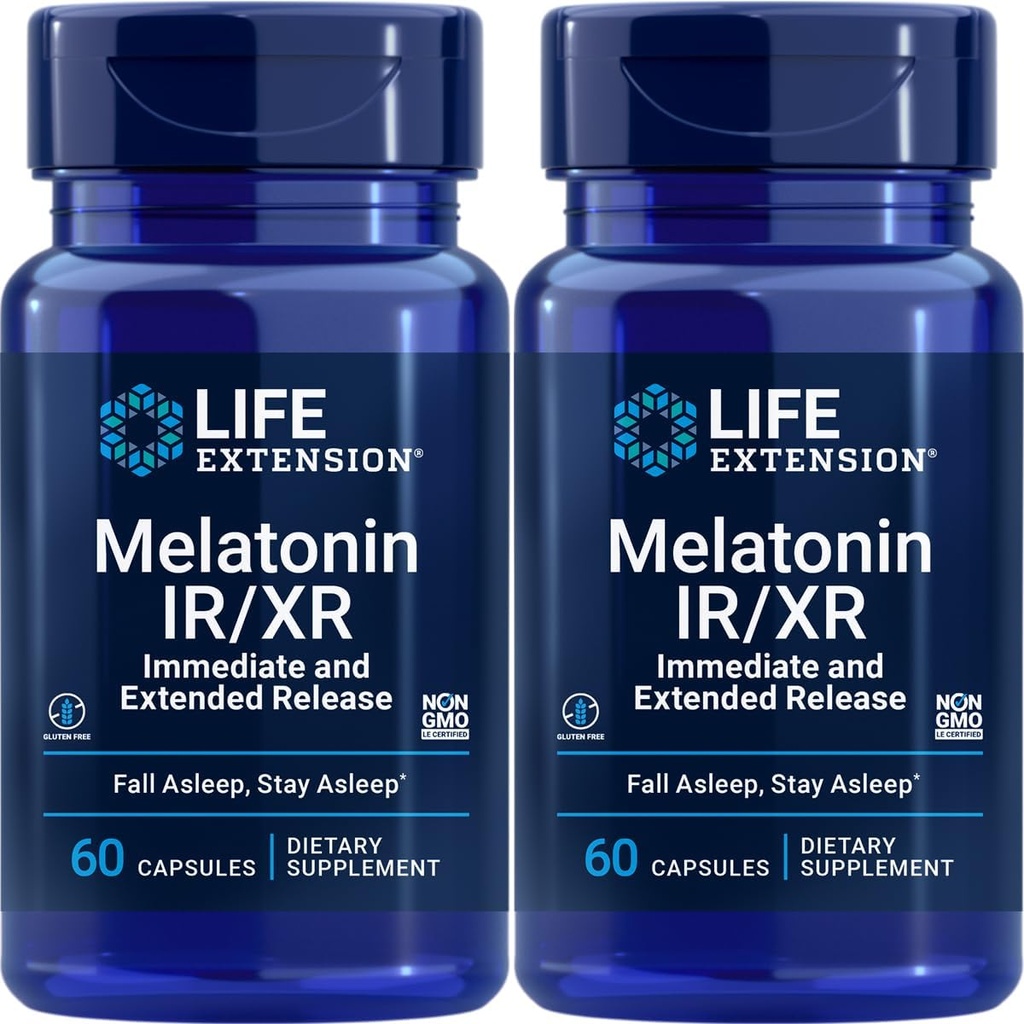 Life Extension Melatonin IR / XR, 1.5 מ"ג, מיד-and המורחבת-Release פורמולה עבור תמיכה בשינה אופטימאלית, מיילדות בריאות, הגנה סלולרית, Gluten-Free, non-GMO, 2 X 60 קפסולות