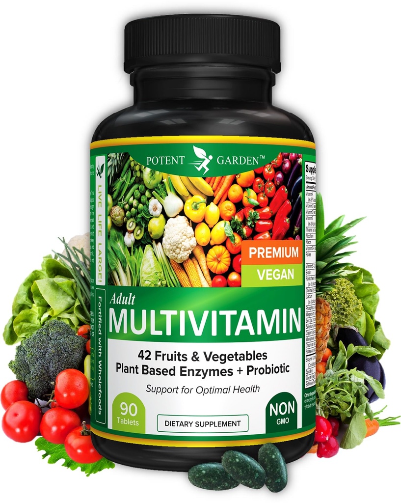 טיטנט גארדן בוגר Multivitamin עבור נשים וגברים, 42 פירות וירקות פלוס פרוביוטיקה, תומך אנרגיה Metabolism & Immune System, Daily Multivitamin for Men & Women Non-GMO, 90 Tabs, 30 משרתות, 30 משרתות