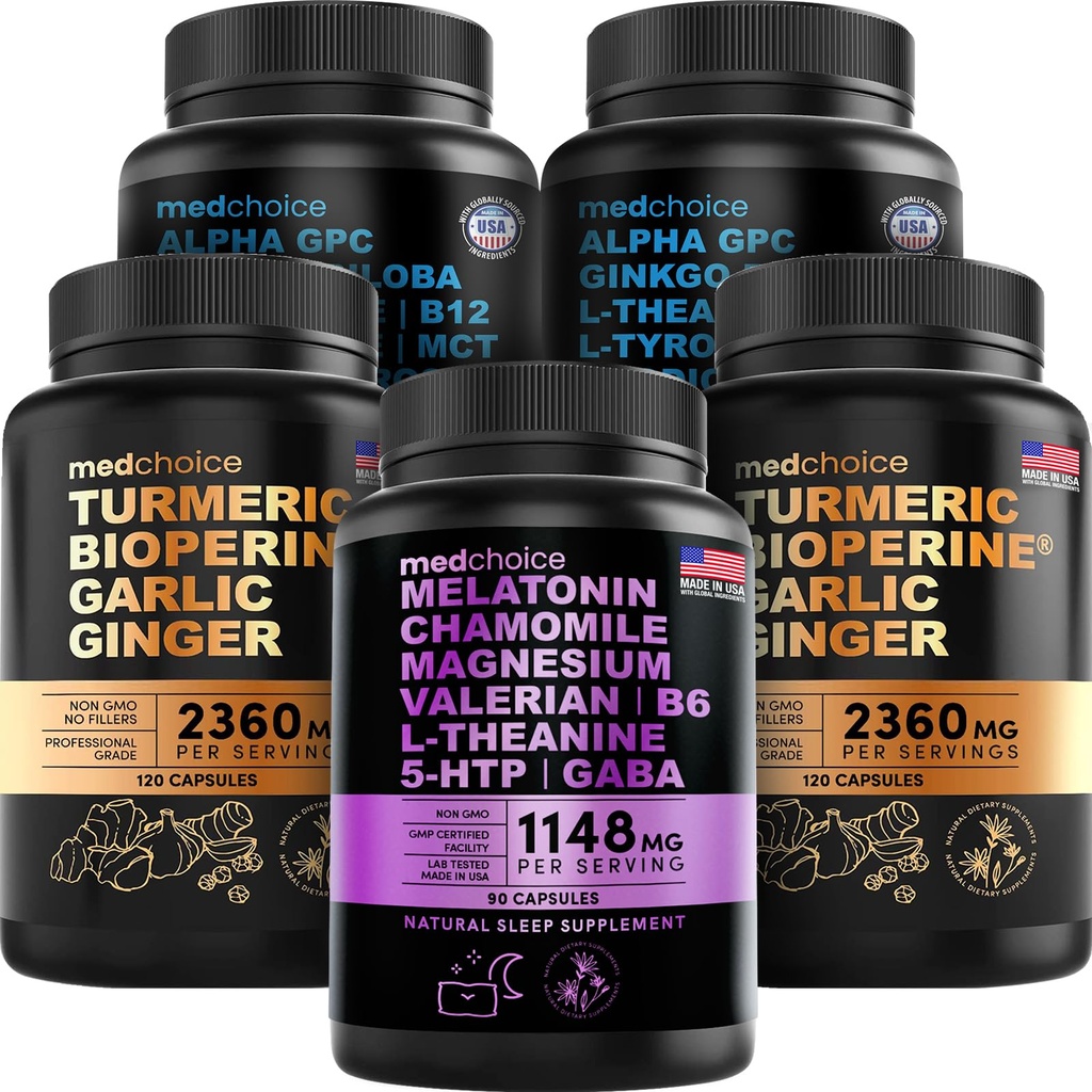 MEDCHOICE Sleep Melatonin (90ct), Turmeric & ג'ינג'ר (240ct), ו- Nootropic Brain (120ct) תוסף Bundle - השתלת המוח, השינה והתמיכה ב- Immune - טבעוני, non-GMO, Gluten-FreeFree Gluten-Free-Free Gluten-Free-Free Gluten-Free-Free Gluten-Free-Free-Free