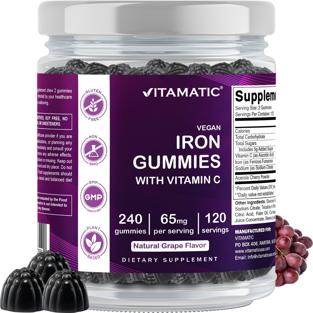 Vitamatic Iron 65 מ"ג חניכיים תוספת לנשים וגברים - 240 חניכיים טבעוניות - ויטמין ברזל גדול עם ויטמין C עם ויטמין C