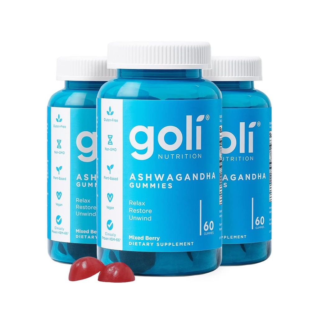 Goli Ashwagandha & ויטמין D Gummy - 180 הרוזן - מעורב ברי, KSM-66, טבעוני, צמחי מבוסס, non-GMO, Gluten-Free & Gelatin חינם להירגע. שחזור. Unwind, Pack of 3