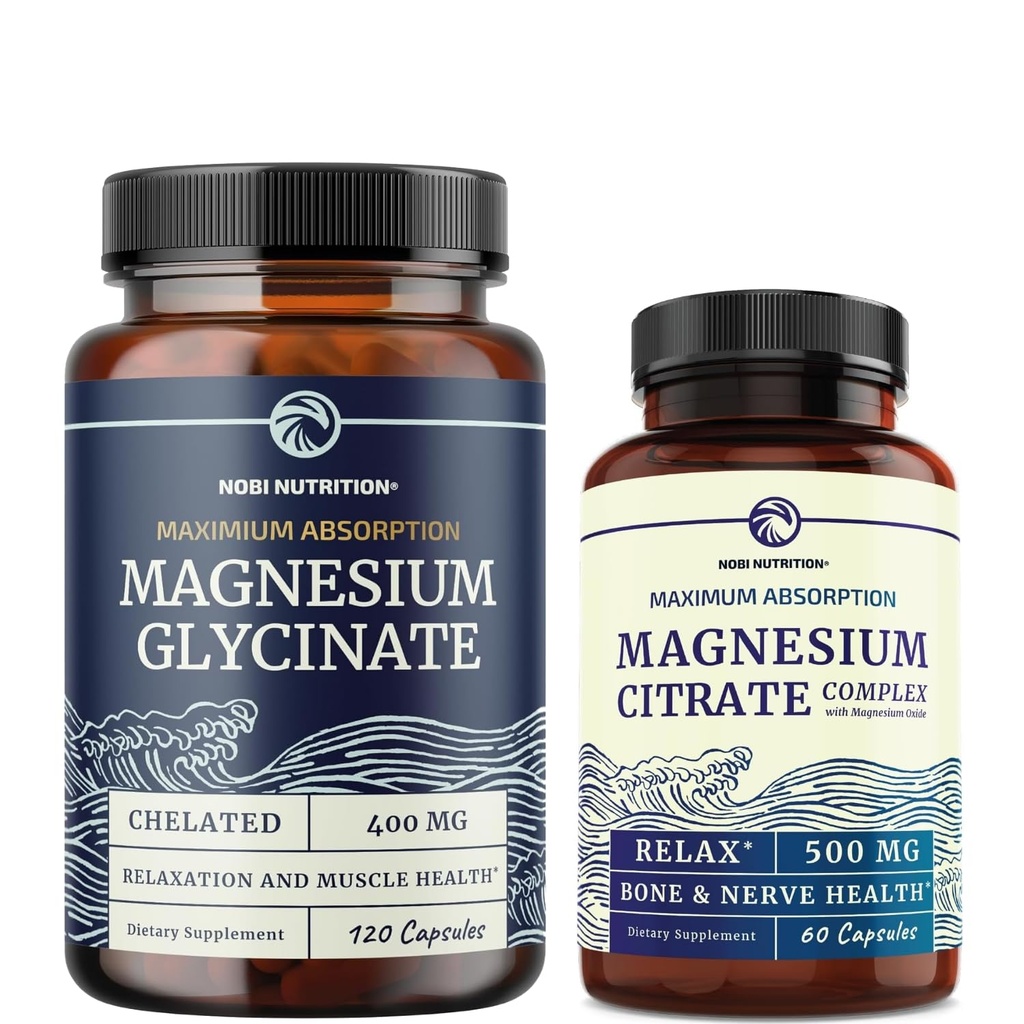Magnesium Glycinate 400 מ"ג (120ct) & Magnesium Citrate 500 MG (60ct) | High Absorption, Calm, הירגעות, עיכול ותמיכה בשרירים | Non-GMO ויטמין ומינרל Bundle