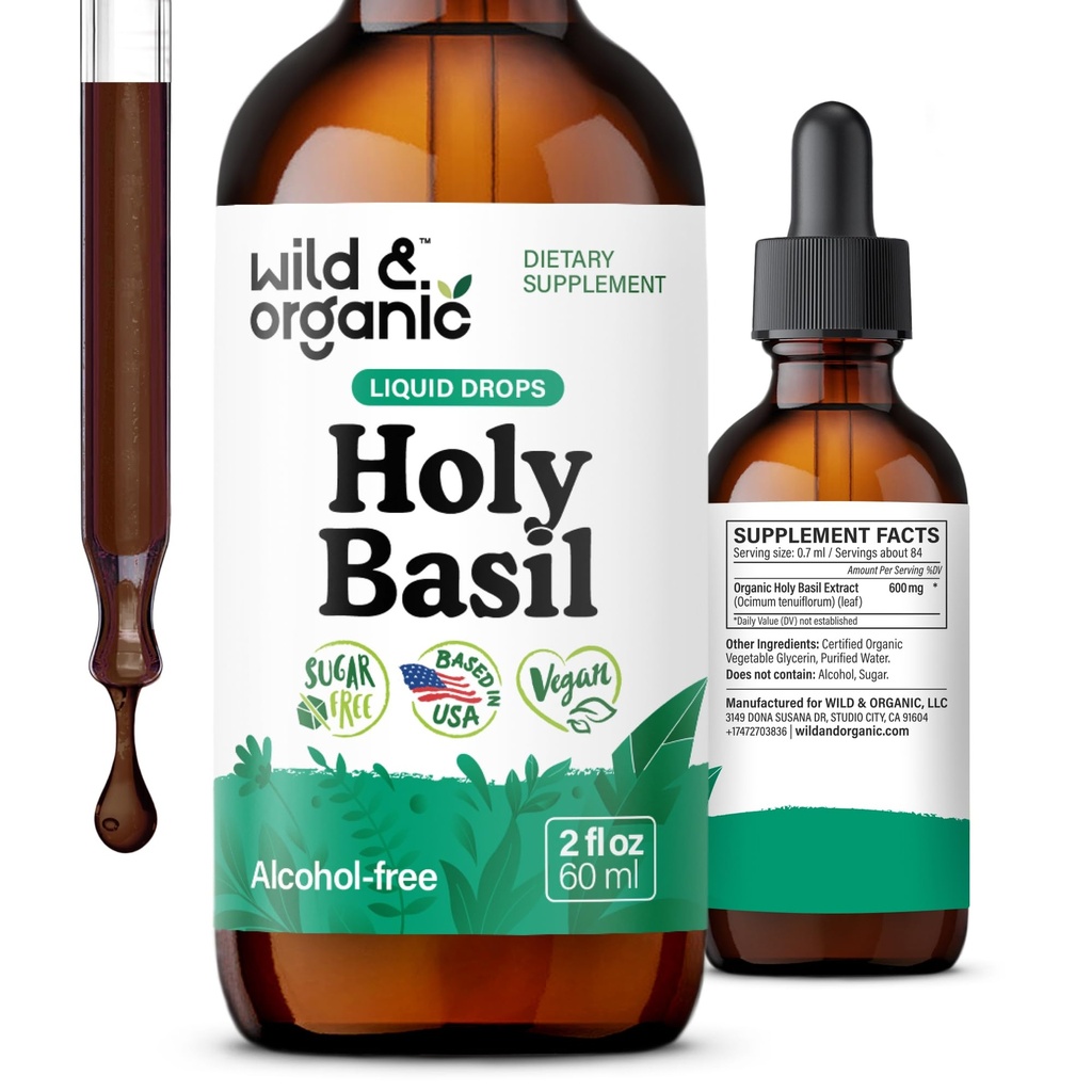 Wild & Organic Holy Bala Tincture - מרגיעה, Calmness, Mood Support - Tulsi Holyזיל תוספת - טבעוני, סוכר ואלכוהול חינם Herb לחלץ טיפות - 2 fl oz