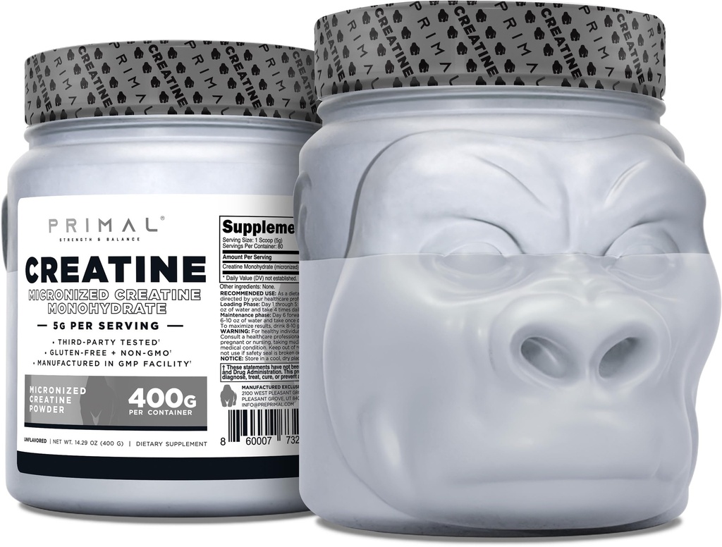אבקת Monohydrate Primal Creatine Monohydrate (400 גרמים) | Unflavored Micronized Creatine שרירים תוספת עבור Pre-Workout & Recovery | 5g Creatine Monohydrate לכל המשרתים