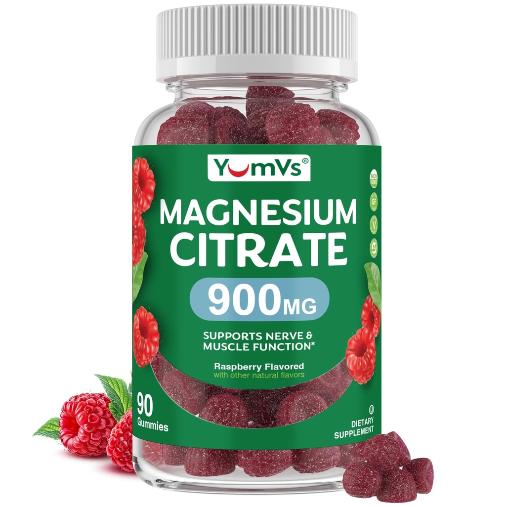 YUM-V'S Magnesium Citrate Gummies - 900 מ"ג גבוה Absorbable Magnesium Gummies for Women & Men כדי לתמוך Nerve, השרירים & Enme Function - Gluten-Free, כשר ו- Raspberry Flavor (90 Count)