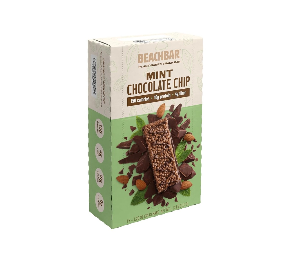 BODi BEACHBAR Plant-Based Mint Chocolate Chip – Protein Rich Vegan Snack Bar, Gluten-Free, Low Glycemic Index, 10g Protein, 150 Calories, 15 Bars per Box