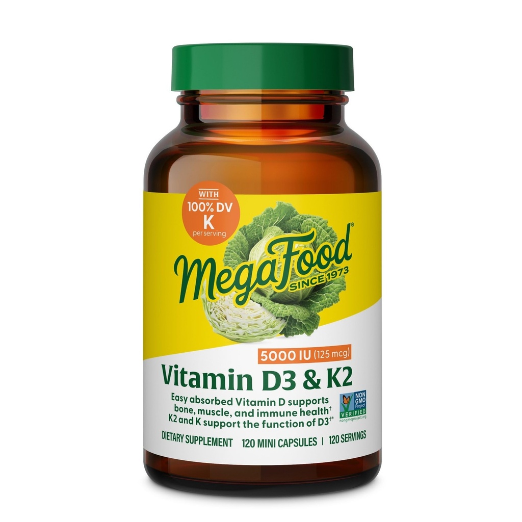 Mega Food ויטמין D3 5000 IU (125 mcg) - תוספי Vegetarian עם ויטמין D3 K2 - תומך עצמות, שיניים, שרירים ובריאות החיסון - מוסמך non-GMO - 120 מיני קפסולות, 120 משרתות