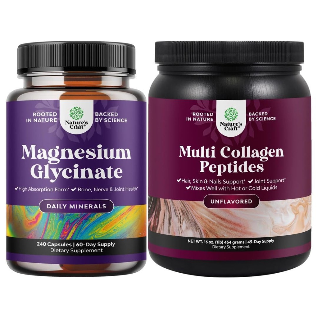 Bundle של High Absorption Magnesium Glycinate קפסולות עבור Calming Sleep Plus שריר העצם & Nerve תמיכה אבקה חלבון רב קולגן עבור נשים וגברים - שיער עור וציפורים ויטמינים