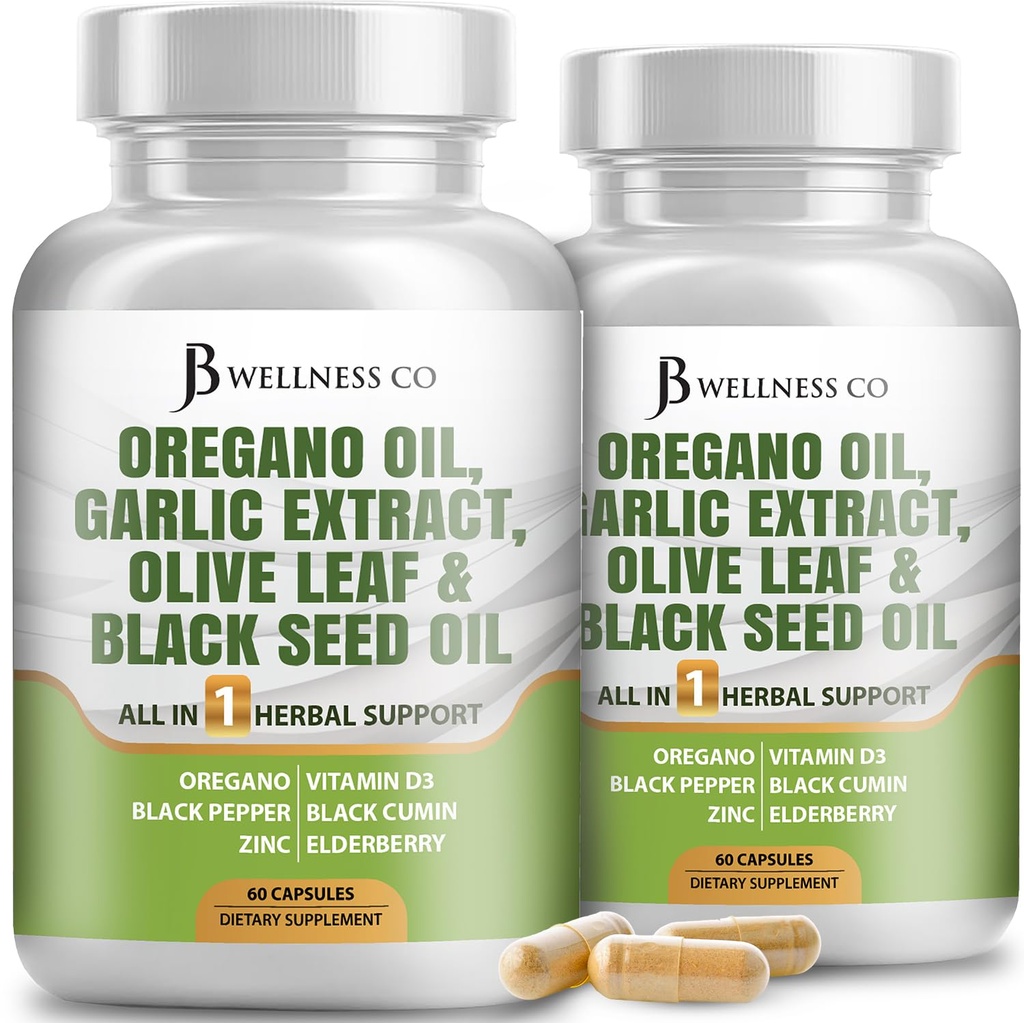 JB Wellness Oregano שמן, Garlic Extract, אוליב Leaf, עם Astragalus - Immune Support & Digestive Health Supplement for Women and Men - 120 Count
