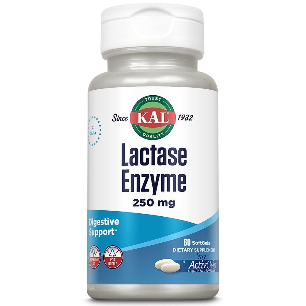 KAL Lactase Enzyme 250 מ"ג, תמיכה בריאה של Lactose Intolerance, נוזלי-Filled ActivGels Made Without Soy, 250 יחידות FCC, 30 משרתים, 60 SoftGels