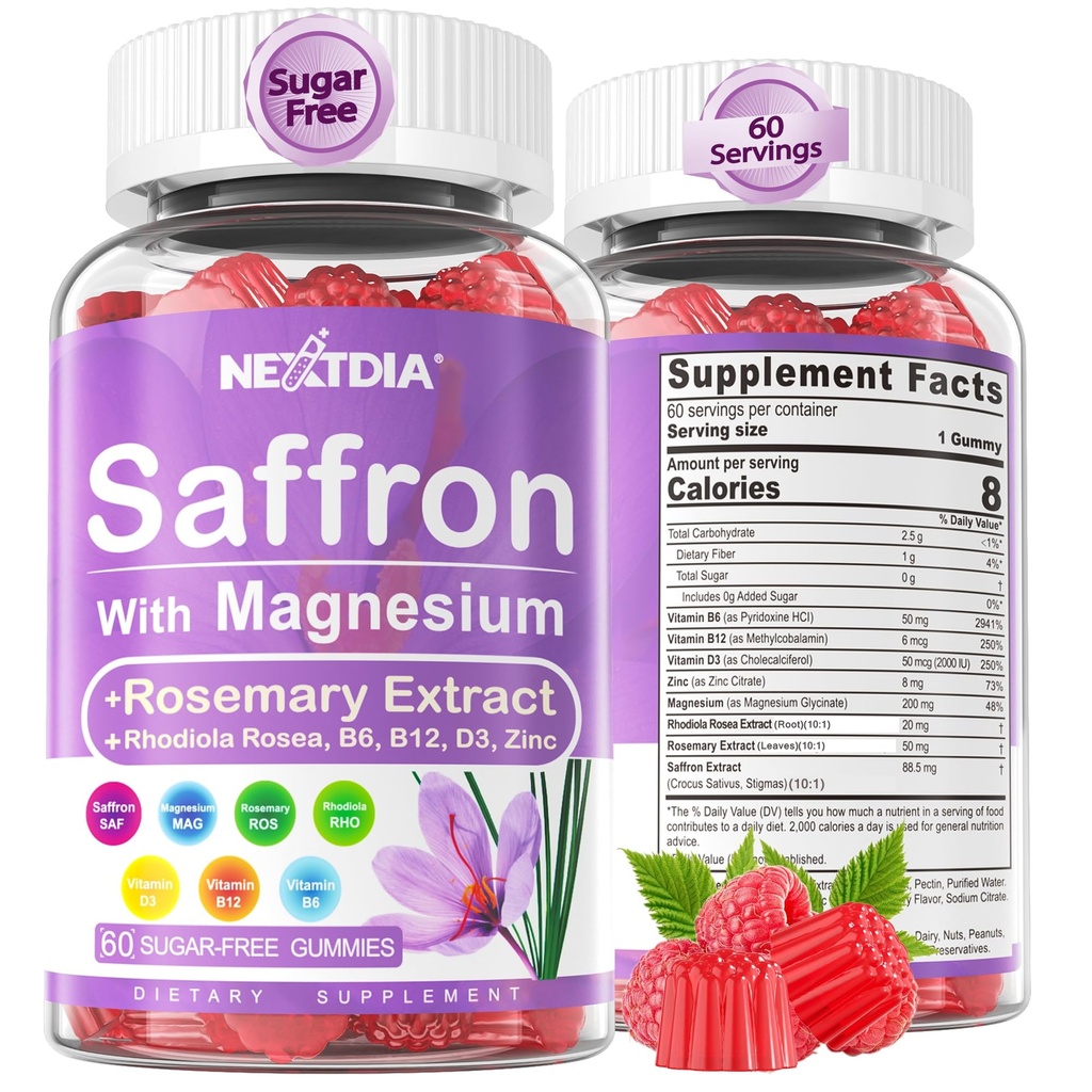 Saffron with Magnesium Glycinate Gummies, 2 חודשים אספקה -Sugar חינם Magnesium 400 / 200 מ"ג w / Saffron,Rhodiola,Rosemary, B6,B12,D3 עבור S-leep, Calm, Focus, להירגע, Nerve, Melatonin Freemiesemary