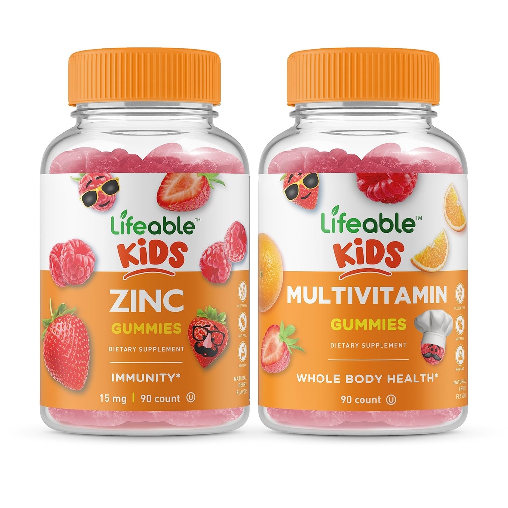 Lifeable Zinc Kids + Multivitamin Kids, Gummies Bundle - גדול Tasting, ויטמין תוסף, Gluten Free, GMO חינם, Chewable Gummymy