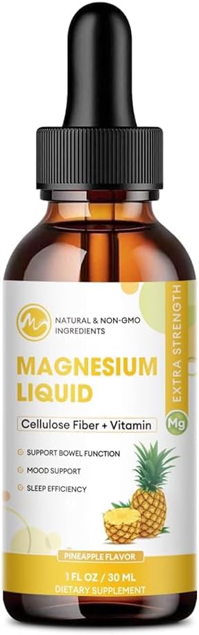 M Inch Magnesium Glycinate נוזל, High Absorption Magnesium נוזל טיפות עם Cellulose סיבים, Bromelain, ויטמין B6, C, D, Zinc, Magnesium תוסף לילדים ומבוגרים, Pineapple Flavor, 1 Packelain, 1 Pack