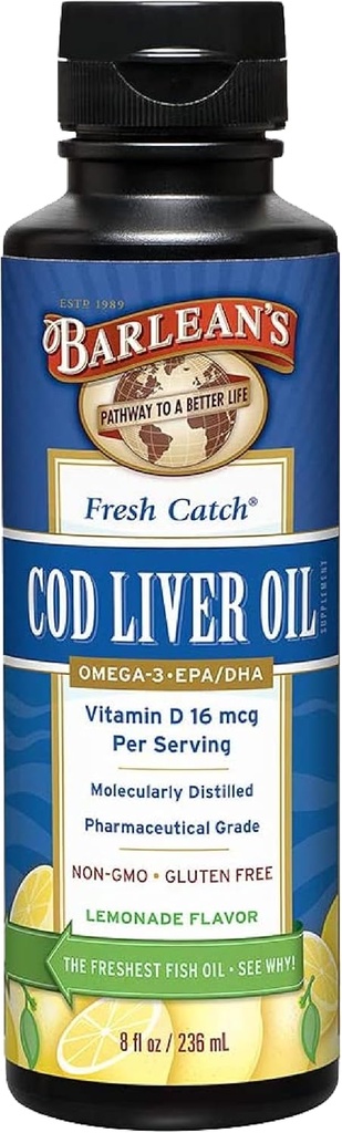 תוספת של שמן Cod Liver שמן נוזלי, אומגה 3 שמן דגים עם 900 מ"ג EPA ו DHA פלוס ויטמין D, תוספי מזון משותף, המוח, ותמיכה בריאות הלב, Lemonade Flavor, 8 oz oz