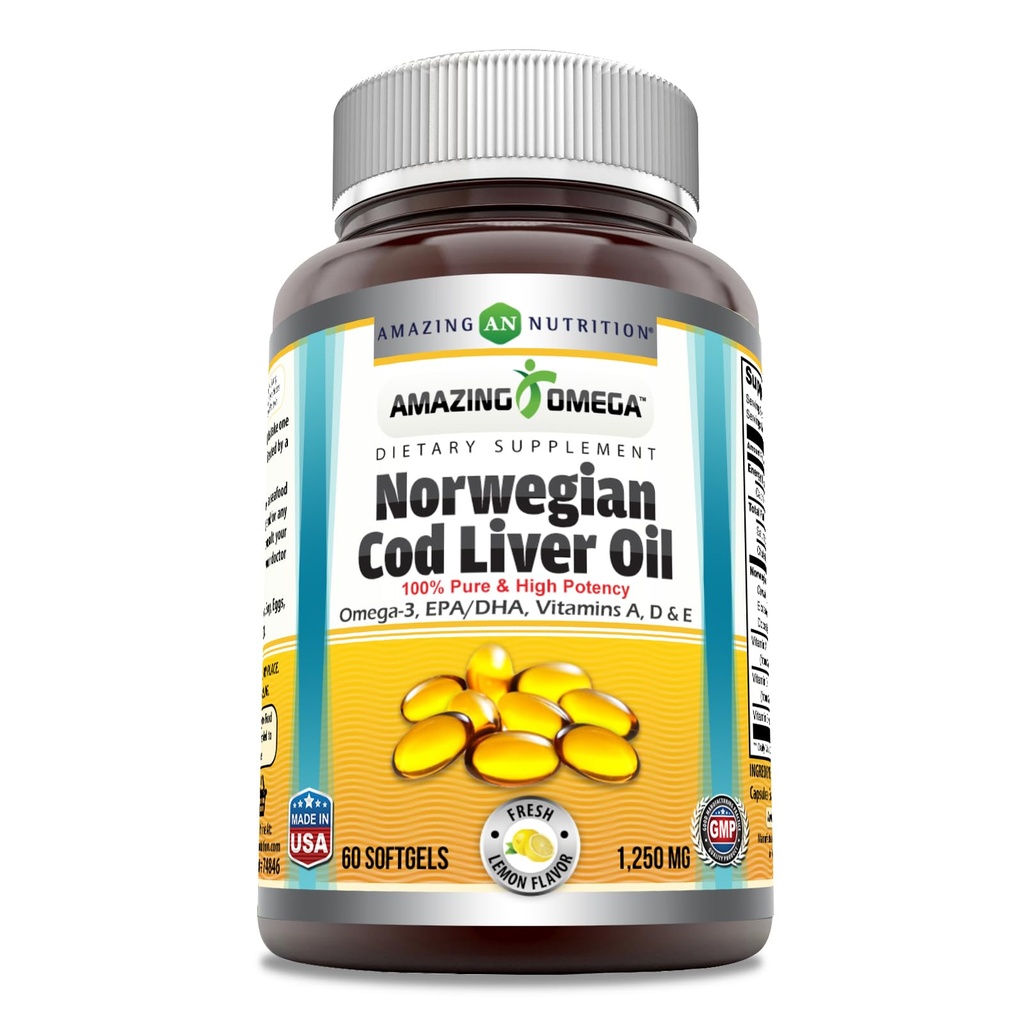 אומגה נורוויג'ן Cod Liver Oil 1250 Mg Softgels תוסף אומגה 3, EPA, DHA, ויטמין A, ויטמין D & ויטמין E (Lemon | 60 Count)