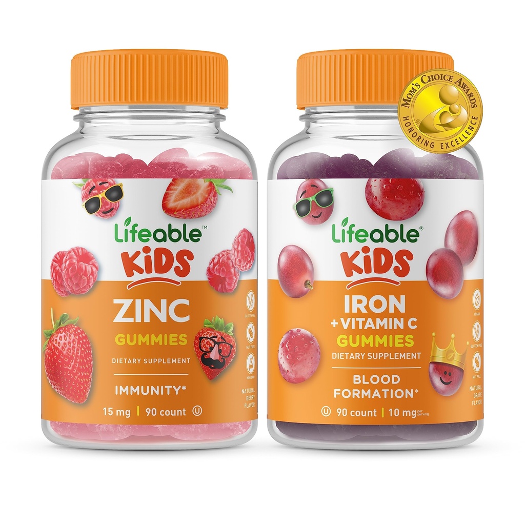 Lifeable Zinc Kids + Iron & ויטמין C Kids, Gummies Bundle - גדול Tasting, ויטמין תוסף, Gluten Free, GMO חינם, Chewable Gummymy