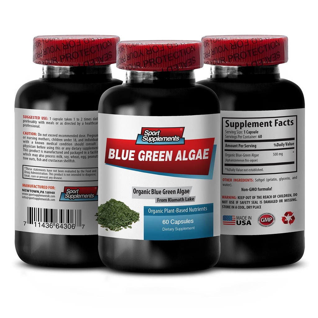תוסף צמחי טהור - Klamath Blue Algae 500 מ"ג - להגביר את רמות האנרגיה, לשפר את העיכול ולשפר את מערכת החיסון, ספירולינה, chlorella, Klamath Blue Algae אבקת - 1B 60 קפסולות