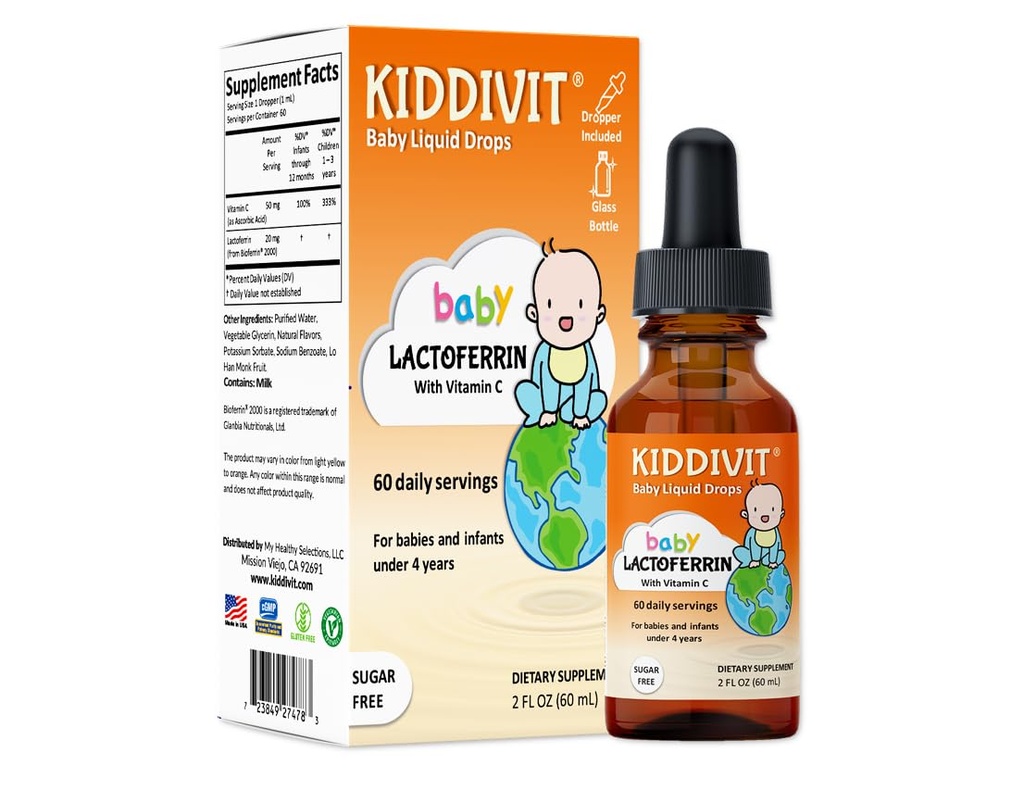Kiddivit Baby Lactoferrin נוזל טיפות - Gentle Immune תוסף - 100 מ"ג פורמולה עם Prebiotic Inulin - 60 דיילי המשרתים - סוכר חינם, Gluten Free, Vegetarian, 2oz
