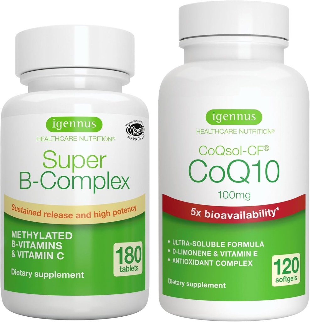 Super B-Complex 180 טבליות + High Absorption CoQ10 100 מ"ג 120 Softgels אנרגיה Bundle, Methylated Sustained לשחרר B Complex + CoQ10 עם ויטמין E & D-Limonene, על ידי Igennus