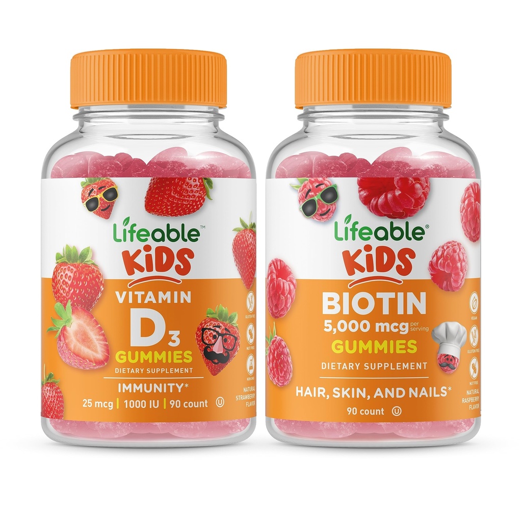 ויטמין D ילדים + Biotin ילדים, חניכיים Bundle - גדול Tasting, ויטמין תוסף, Gluten חינם, GMO חינם, Chewable Gummymy