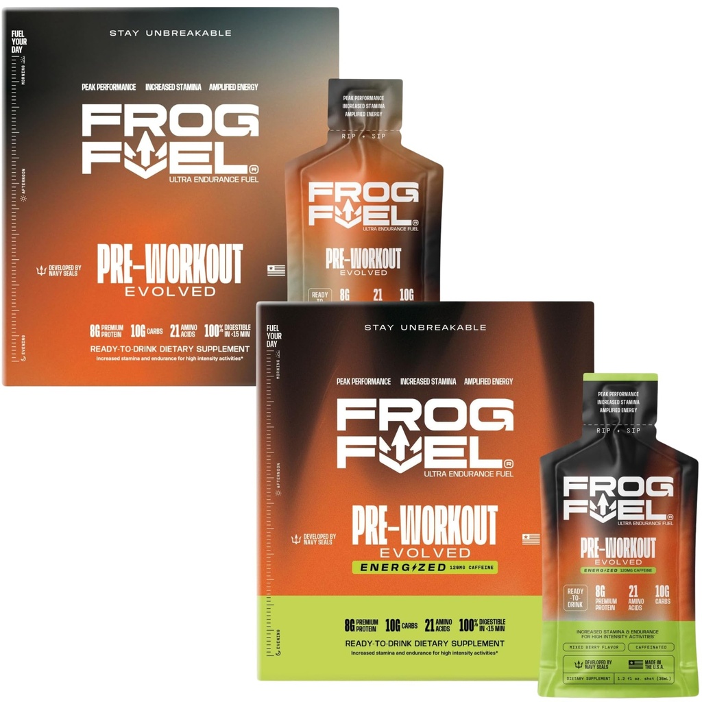 צפרדע דלק אולטרה ו- Ultra Energyzed Pre Workout Shot Bundle עם 1500 מ"ג Betaine, Electrolytes 8g חלבון ננו-Hydrolyzed Grass פד Collagen, 10g Carbs, ברי, 1.2 oz Packets, 48 Pack Packets