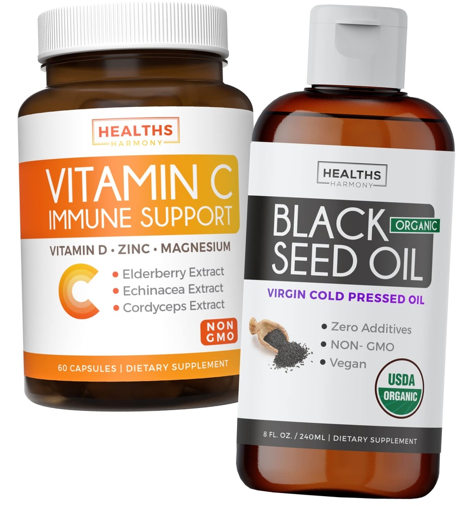 Bundle של שחור Seed שמן נוזלי ויטמין C - Immune Fusion Booster Pack - אורגני שחור Seed שמן נוזלי (8fl oz) Premium Cold-Pressed Nigella Sativa & ויטמין C Immune תמיכה (Non-GMO)(60 קפסולות)