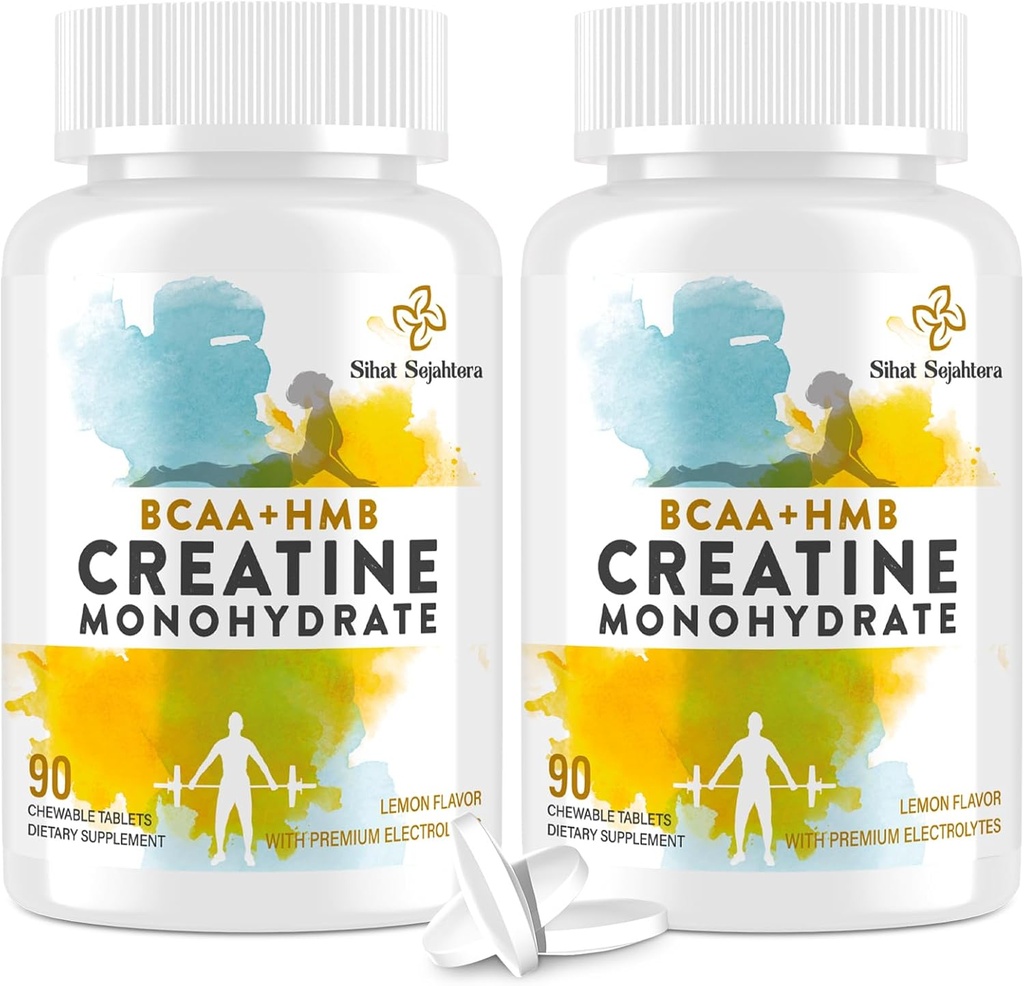 8-in-1 Creatine Monohydrate עם BCAA & HMB, 5000 מ"ג לגברים ונשים, Creatine Chews עבור שריר, התאוששות, אנדורנס וכוח, High Absorption, Lemon Flavor, Sugar-Free, 180 טבליות