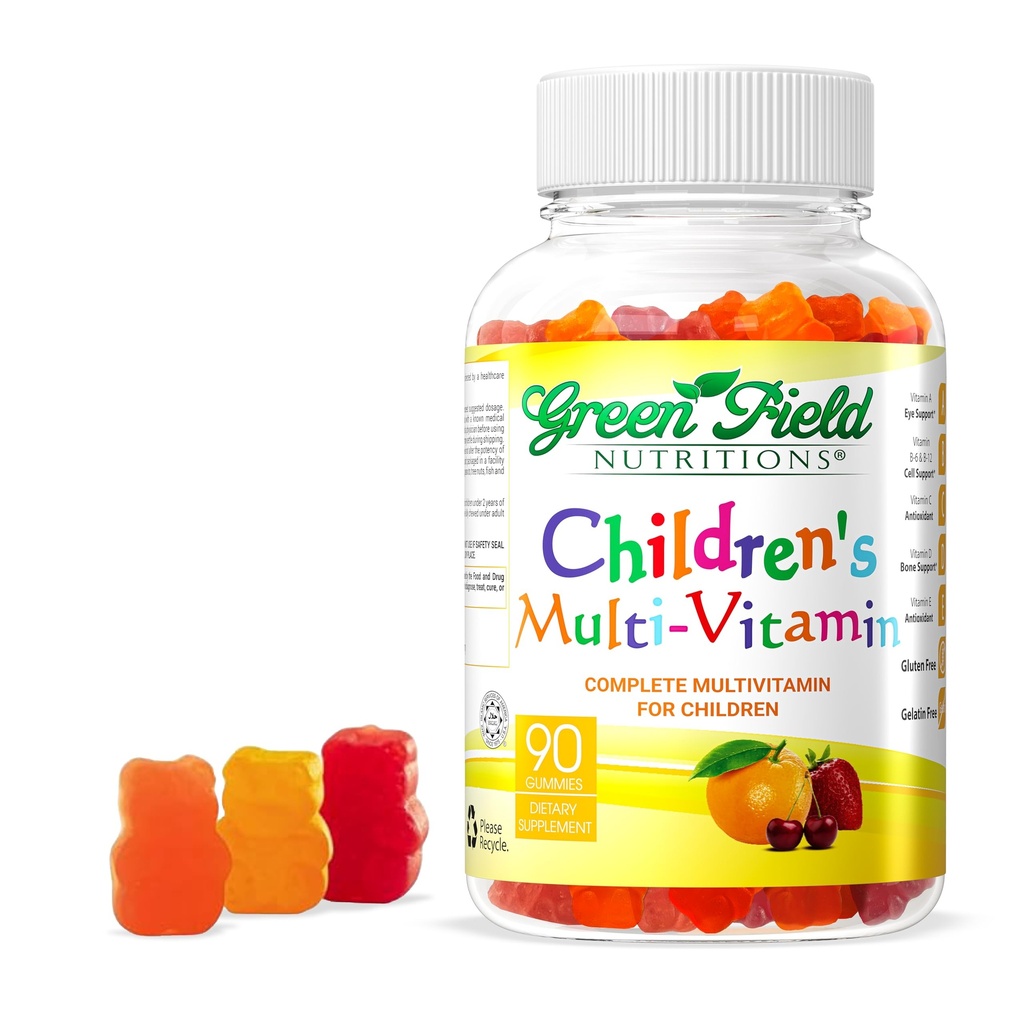 Greenfield Nutritions Kids Gelatin חינם Halal Multivitamin חניכיים - All Essential Halal ויטמינים A, Bs, C, D, Iodine, Zinc for Immunity, Non-GMO, חניכיים הליאל של ילדים (90 Count)