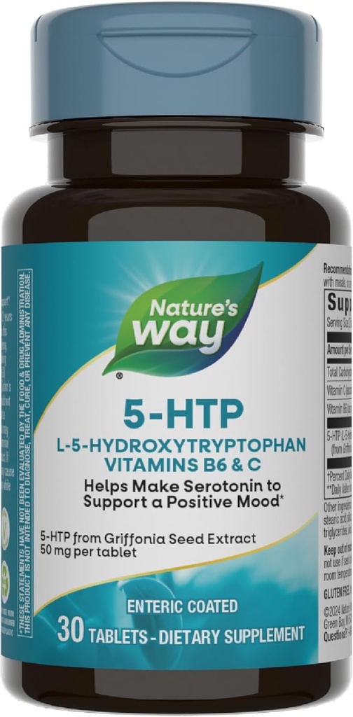 דרכו של הטבע 5-HTP, L-5-Hydroxytryptophan, Helps Make Serotonin כדי לקדם את Outlook חיובי *, ויטמין B6, ויטמין C, Griffonia Bean Extract, 30 טבליות (Packaging May Vary)