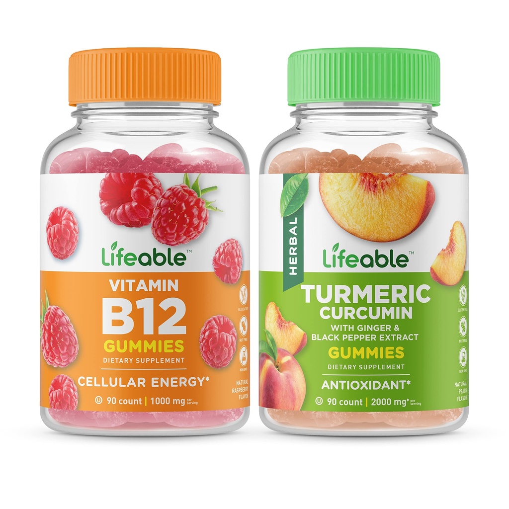 ויטמין B12 + Turmeric Curcumin, Gummies Bundle - גדול Tasting, ויטמין תוסף, Gluten חינם, GMO חינם, Chewable