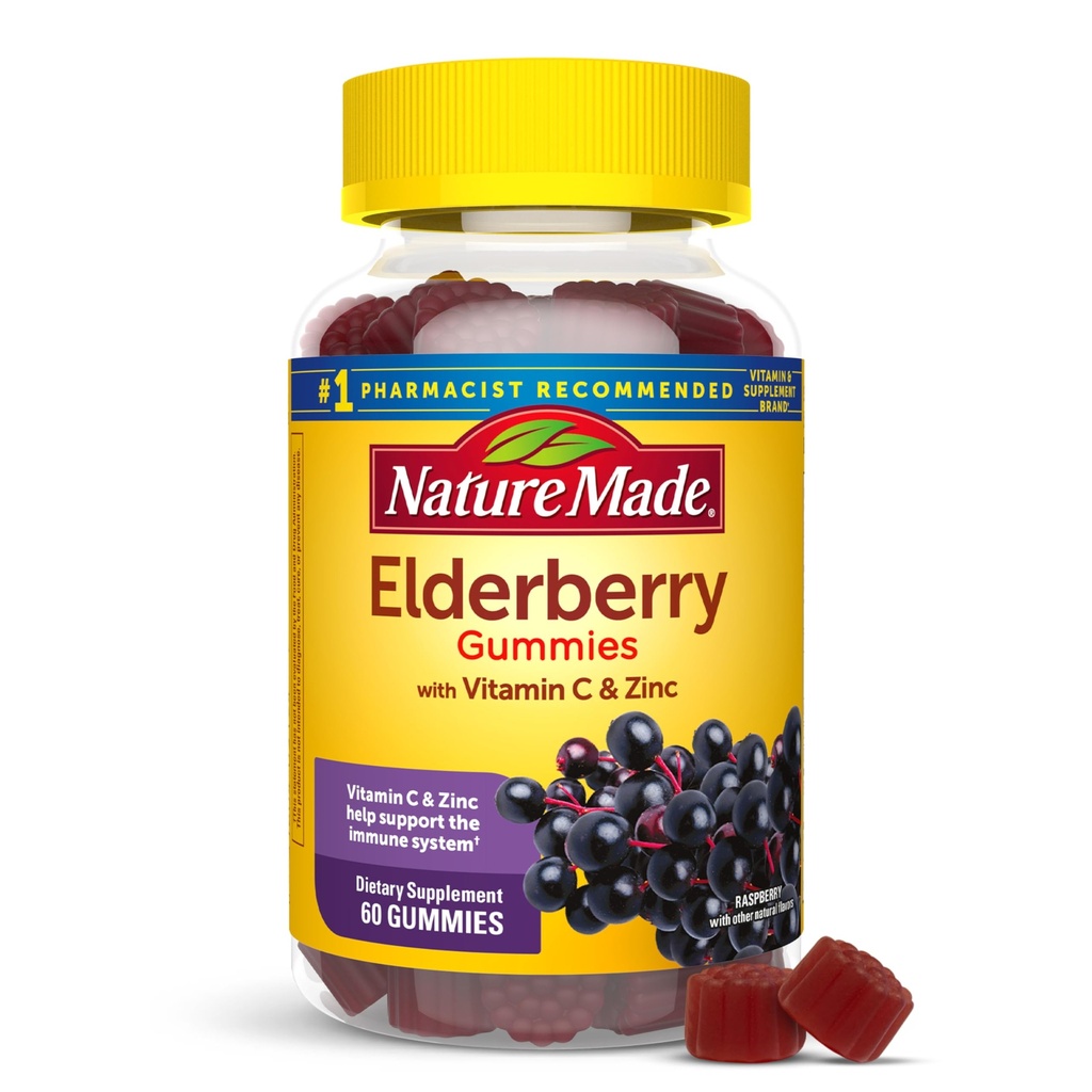 Nature Made Elderberry עם ויטמין C ו- Zinc, תוספת תזונתית לתמיכה ב-Immune, 60 חניכיים ישנות, 30 יום אספקה