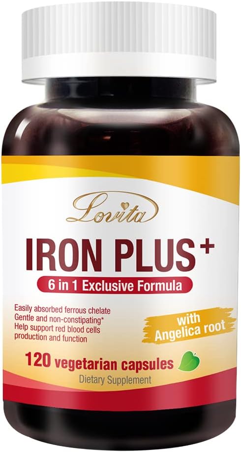 Lovita Iron 18 מ"ג, 6 ב 1 ברזל תוספת לנשים, ויטמין C, Dong Quai & B12, ויטמין טבעוני לתמוך Red Blood Cell הפקה ללא עצירות, 120 קפסולות
