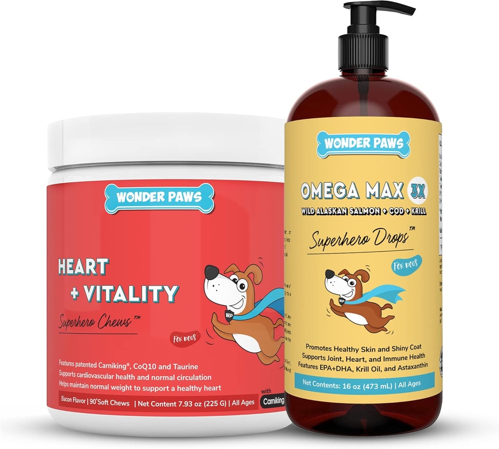 WONDER PAWS Heart + Vitality Superhero Chews Plus אומגה Max Fish Oil - for Dogs Heart Health, Skin and Joint Care & Immune Support - Heart + Vitality 90 Chews - אומגה מקס 16 Ouncesces