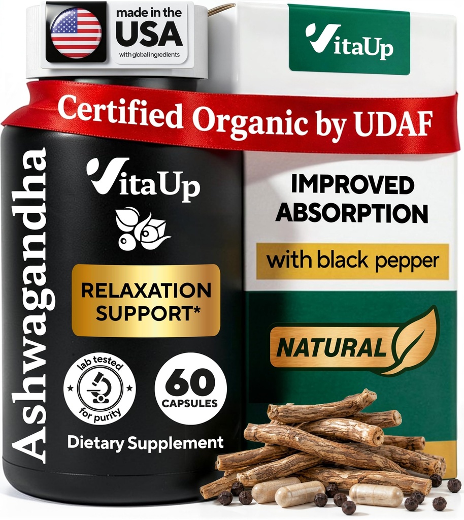 Ashwagandha קפסולות 1310 מ"ג עם Black Pepper - ארה"ב יצרה תוספי Ashwagandha עבור תמיכה מרגיעה, פונקציונליות קוגניטיבית נורמלית רמות אנרגיה איזון - 60 Caps