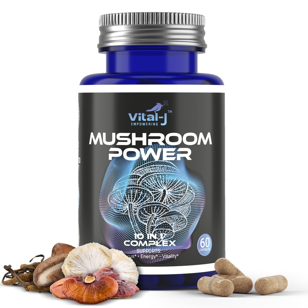 Mushroom Power Complex 10in-1 W/Cordyceps, Reishi, Shiitake & Lions Mane, Nootropic Dietary תוסף עבור Gut Microbiome, Focus, Energy & Vitality - 60 קפסולות