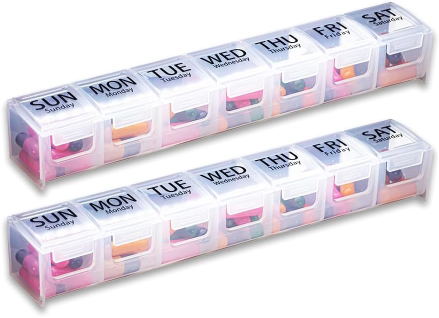 GMS Weekly Pill Organer - 7-Day שכותרתו השוואת מחירים עבור תוספי מזון, ויטמינים ותרופות - Secure Latches - אידיאלי עבור Daily Use & Travel - Clear - 2 Pack