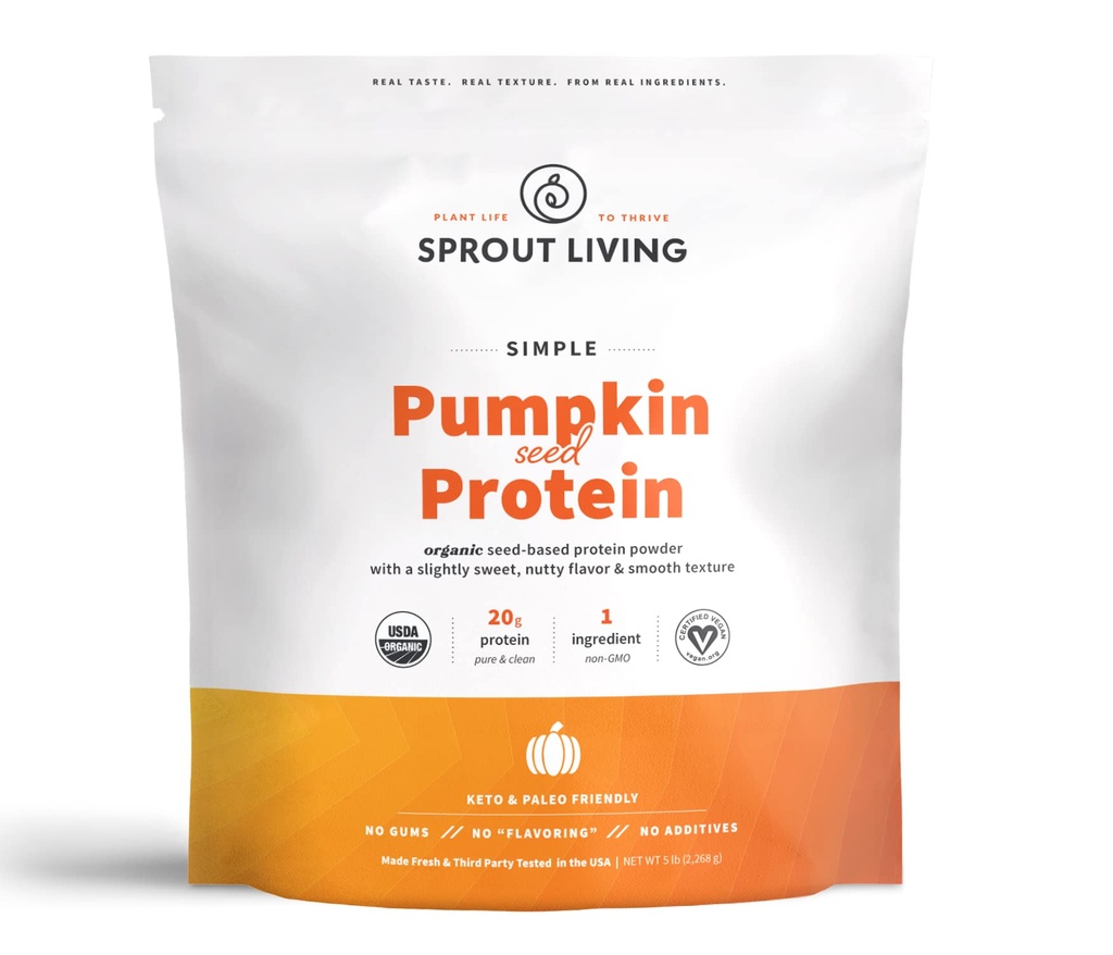 Sprout Living Simple Pumpkin Seed חלבון אבקת, 20 אבקת חלבון צמחי אורגני מבוסס צמחי ללא ממתקים מלאכותיים, לא חלב, non-GMO, טבעוני, Gluten Free, Keto Drink (5 פאונד)