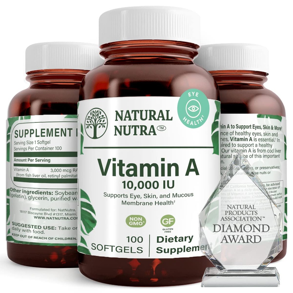Natural Nutra Vitamin A 10,000 IU Softgels – High Potency Eye and Skin Vitamins – Gluten-Free Vitamin A Supplement for Sight & Skin Health – Fish Liver Oil for Men and Women, Gluten Free 100 Softgels