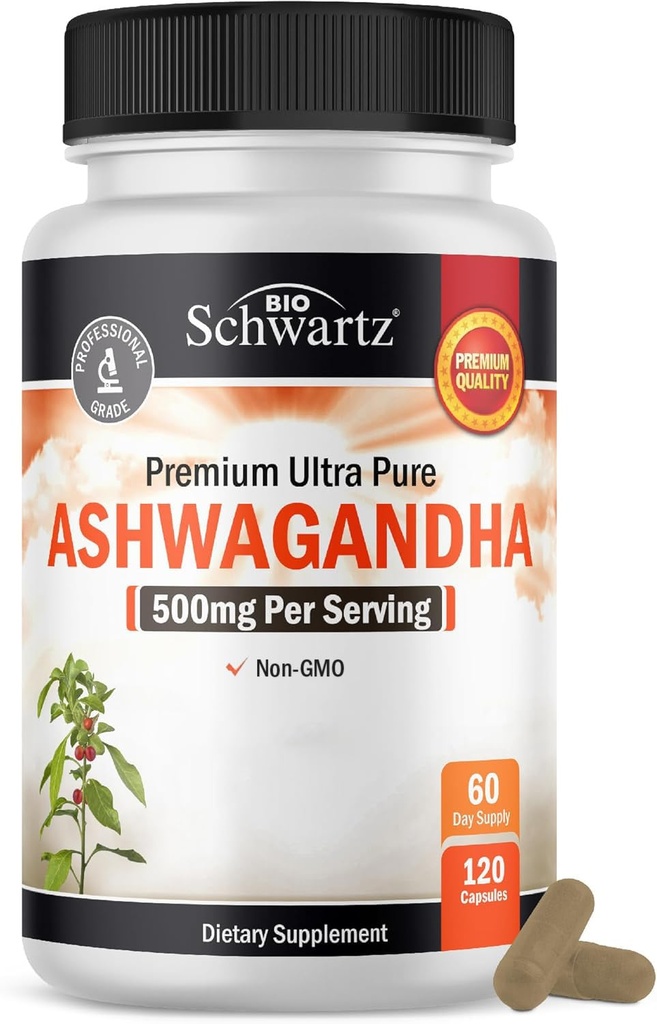 BioSchwartz Ashwagandha תוספי מזון - תוספת כוח אשווגנדה קפסולות 500 מ"ג פרי - Gluten Free, non-GMO, Made in the USA with Globally Sourced Ingredients, 60 משרתים (120 Count)